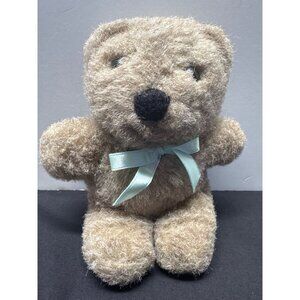 Vintage Dakin Small Tan Teddy Bear W/ Light Blue Bow Tag Plastic Eyes Cream Beig